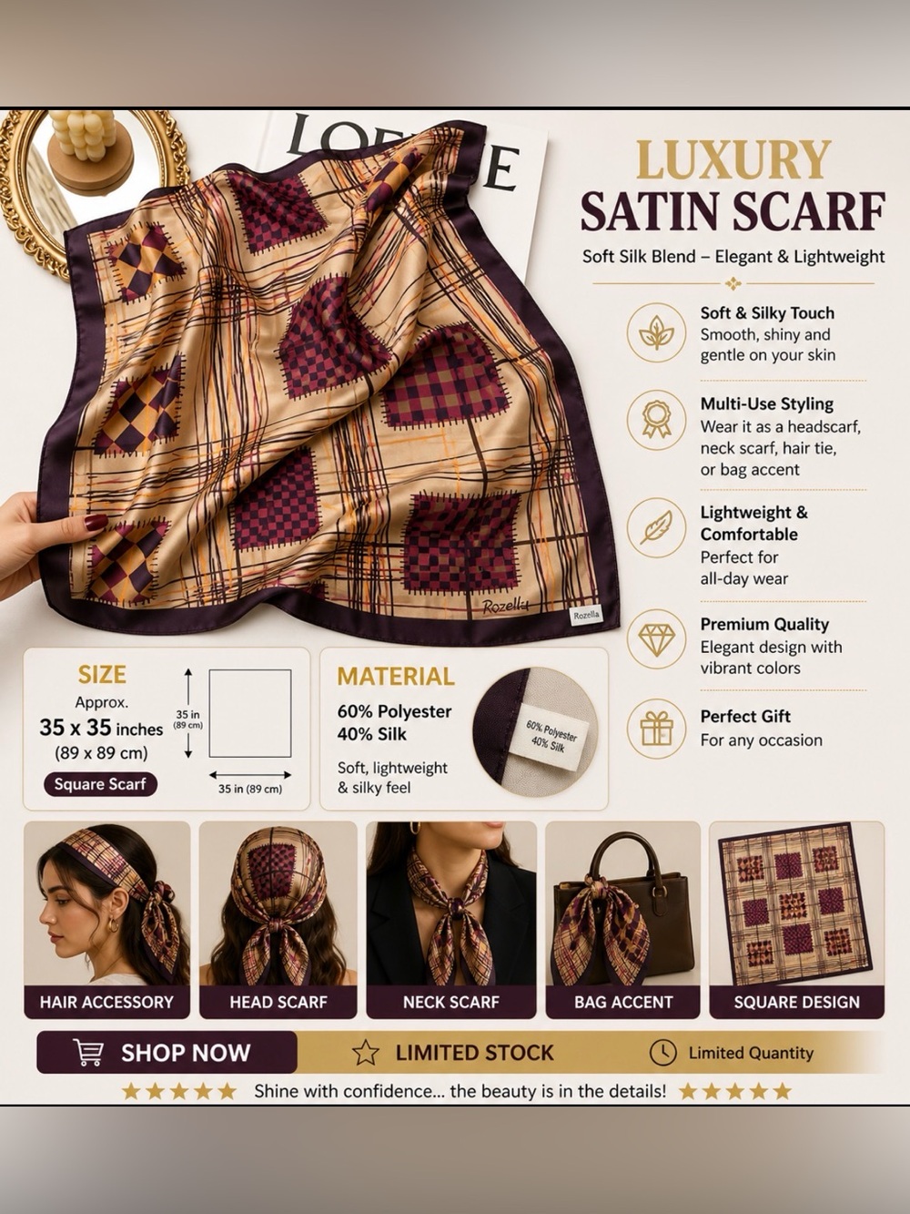 Luxury Satin Silk Blend Scarf Beige Burgundy Plaid Square Head Hair Neck Bag.